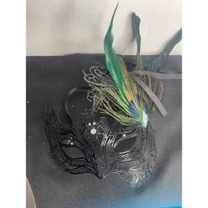Black‎ Filigree Masquerade Mask Peacock Feathers Rhinestone Masque Ball Costume